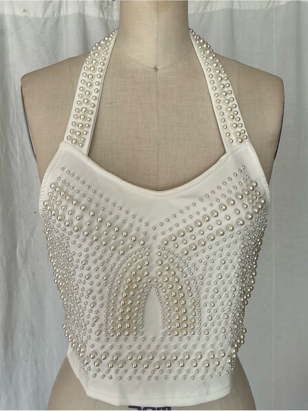White Studded Pearl Halter Crop Top